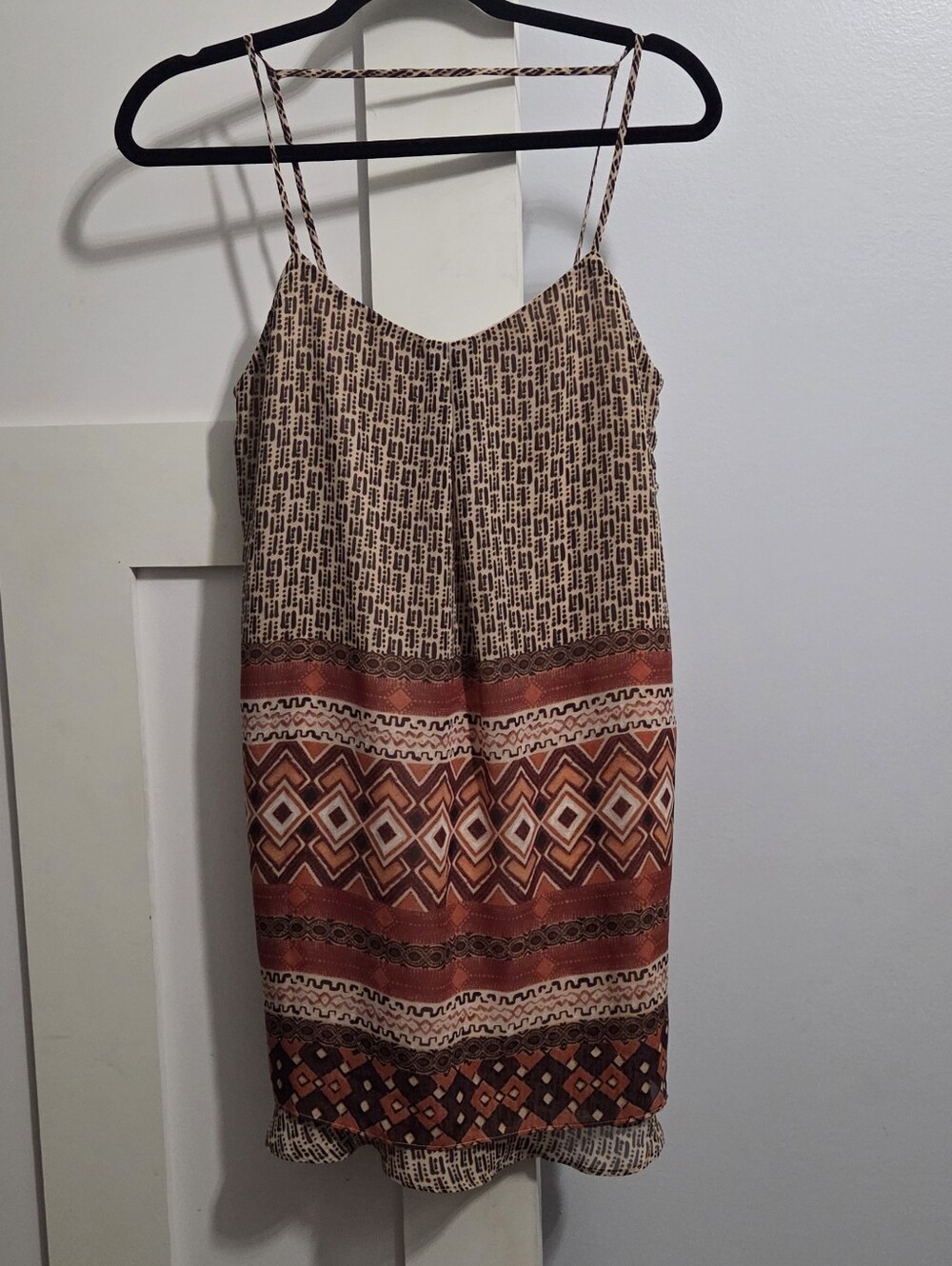 City Triangles - Tan and Rust Geometric Spaghetti-Strap Mini Dress